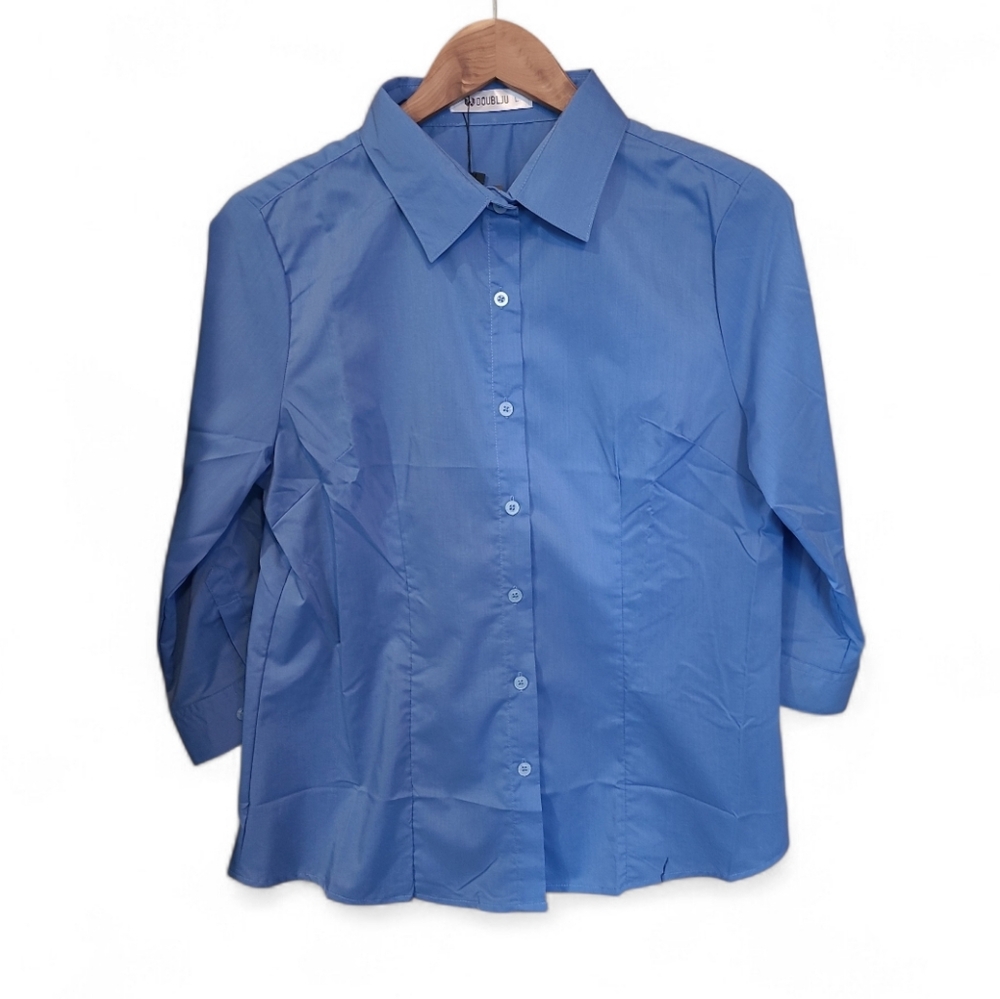 Women's Doublju Brand Slim Fit Dress Shirt Half Sleeve Stretch Size L Blue NWT! - Picture 4 of 12